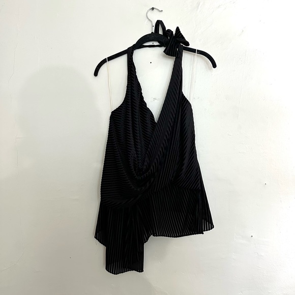 Misa Los Angeles Black Leticia Velvet Stripe Halter Top Asymmetrical Drape - Picture 3 of 6